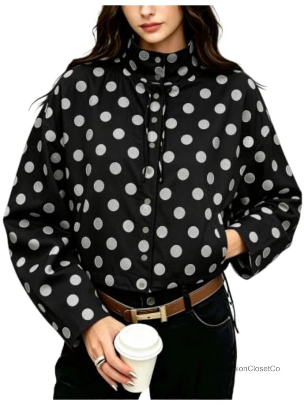 Women's Polka Dot Cropped Jacket Button Front Stand Collar Lightweight Casual